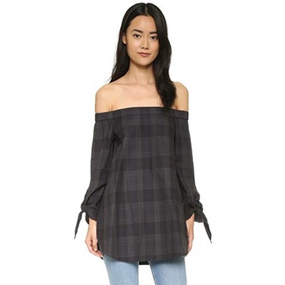 Tibi Blue Black Cotton Off The Shoulder Plaid Tie Sleeves Tunic 2 - Picture 15 of 15